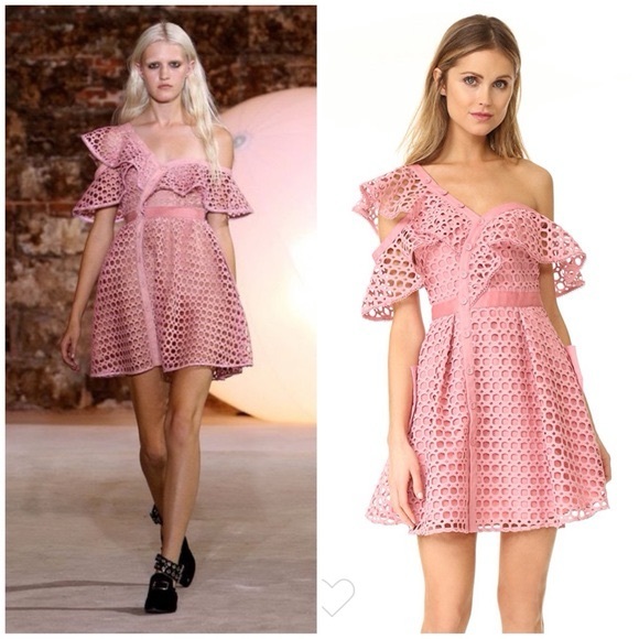 Self-Portrait Dresses & Skirts - Self-Portrait | Lace Frill Asymmetric Cold-Shoulder Fit & Flare Pink Mini Dress